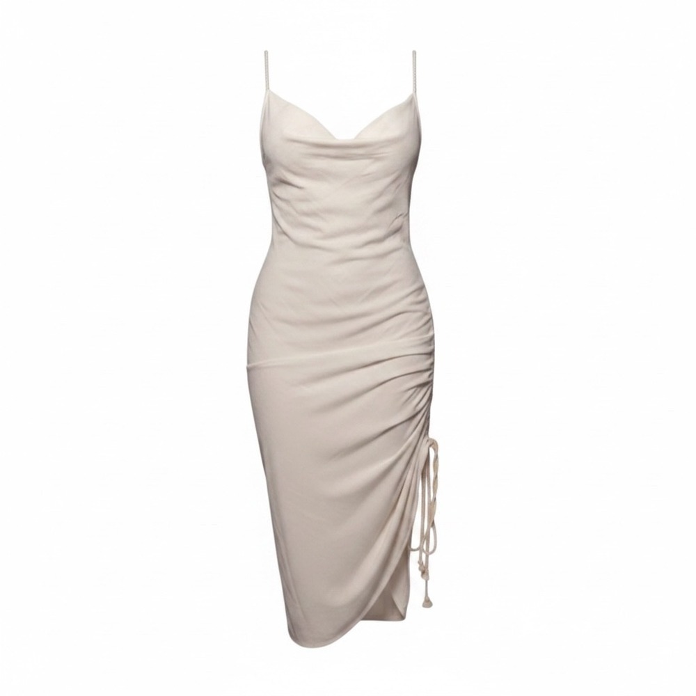 JLUXLABEL Midi Dress Womens XL Cream Linen Blend Ruched Cowl Neck Rope Straps